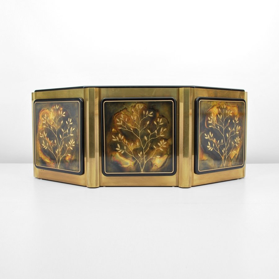 Bernhard Rohne Cabinet: Designer & Manufacturer: Bernhard Rohne; Mastercraft Markings: marked Country of Origin & Materials: USA; brass, other Additional Information & Circa: Cabinet/server with three doors, one door reveali
