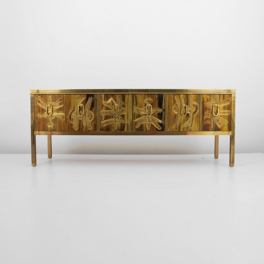 Bernhard Rohne Etched Cabinet: Designer & Manufacturer: Bernhard Rohne; Mastercraft Markings: marked Country of Origin & Materials: USA; brass Additional Information & Circa: Cabinet with etched brass design and three sets of doors