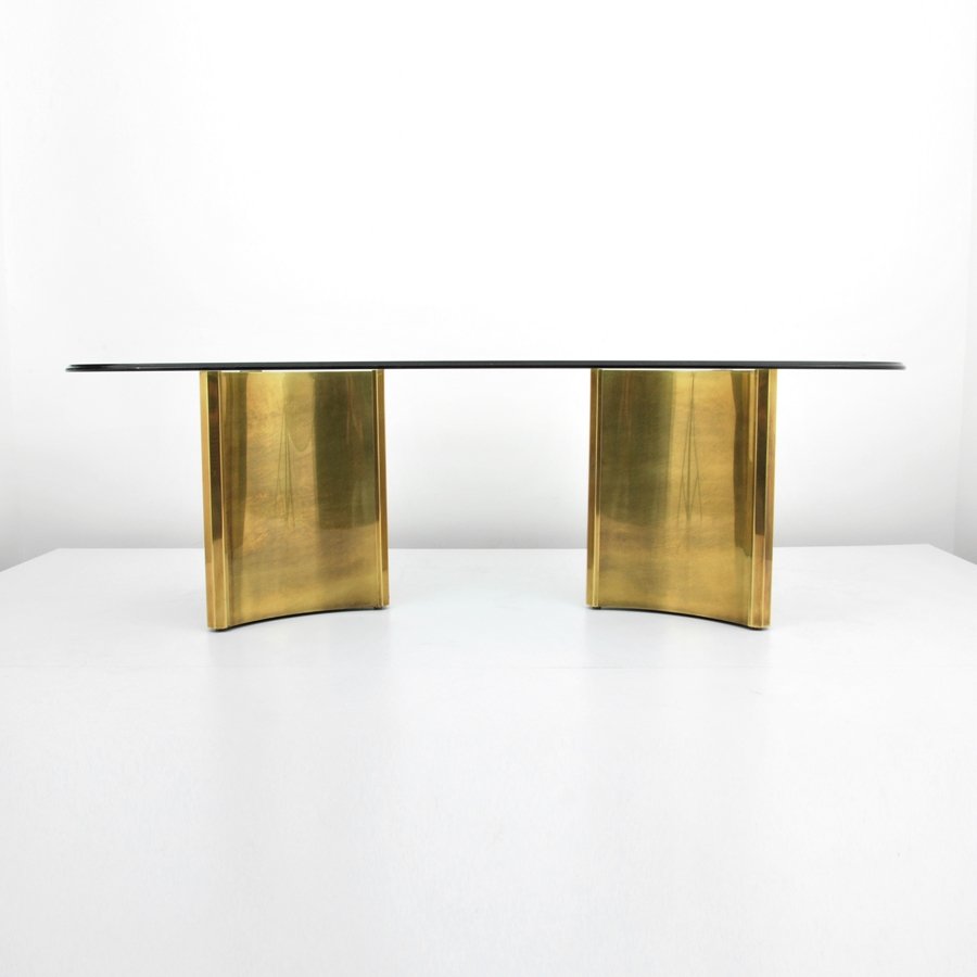 Mastercraft Column Dining Table: Designer & Manufacturer: Mastercraft Markings: none Country of Origin & Materials: USA; brass, glass Additional Information & Circa: Pedestal dining table by Mastercraft. (Key Word Search: James Mont,