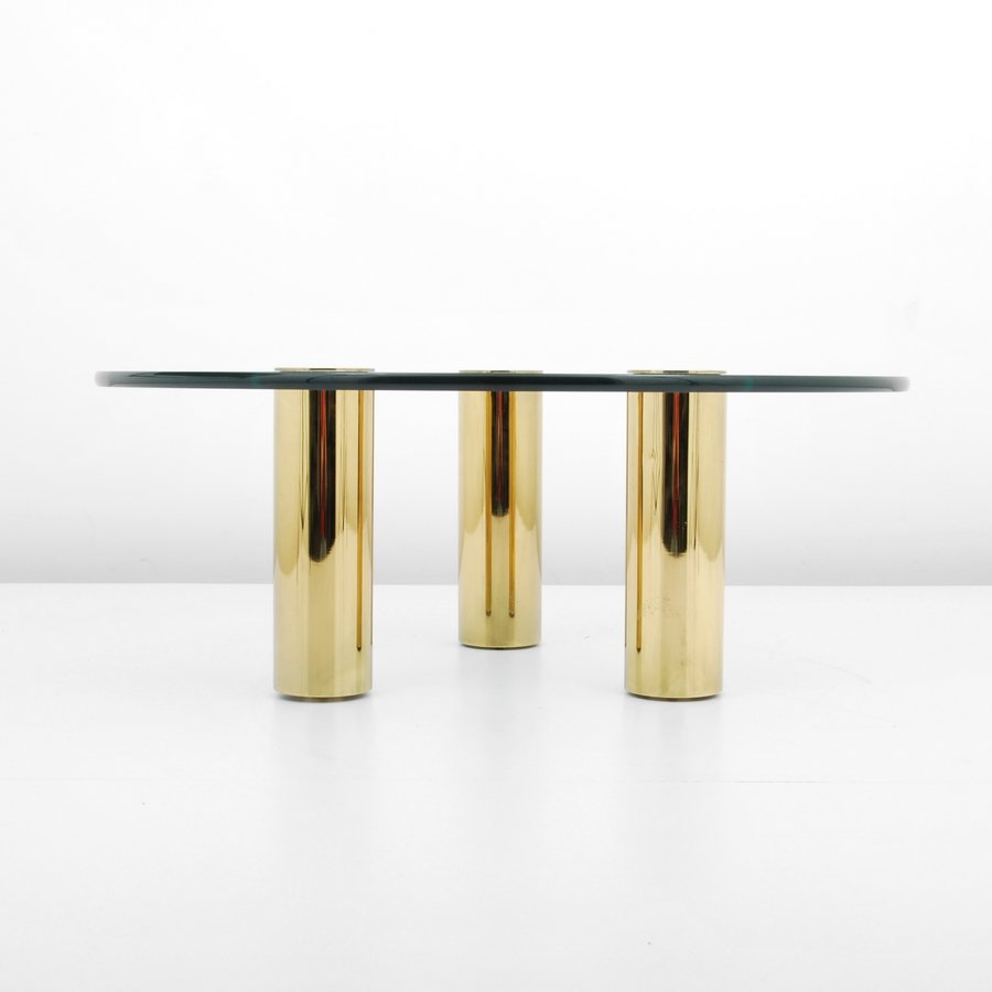 Cocktail Table, Attributed to Pace Collection: Designer & Manufacturer: Pace Collection, Attributed Markings: none Country of Origin & Materials: USA; brass, glass Additional Information & Circa: Three-legged cocktail table attributed to Pace. (Ke
