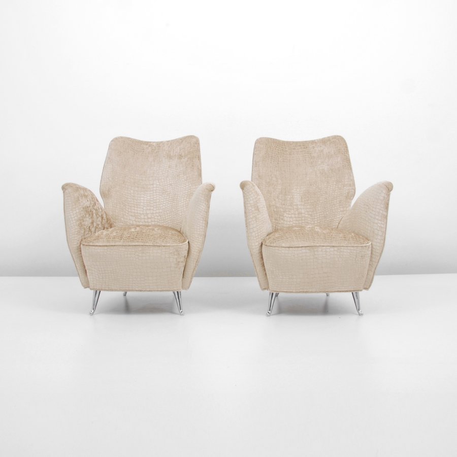 Pair of Paolo Buffa Lounge Chairs: Designer & Manufacturer: Paolo Buffa Markings: none Country of Origin & Materials: Italy; upholstery, chromed metal Additional Information & Circa: Pair of "Petite" lounge chairs by Paolo Buffa; c. 19