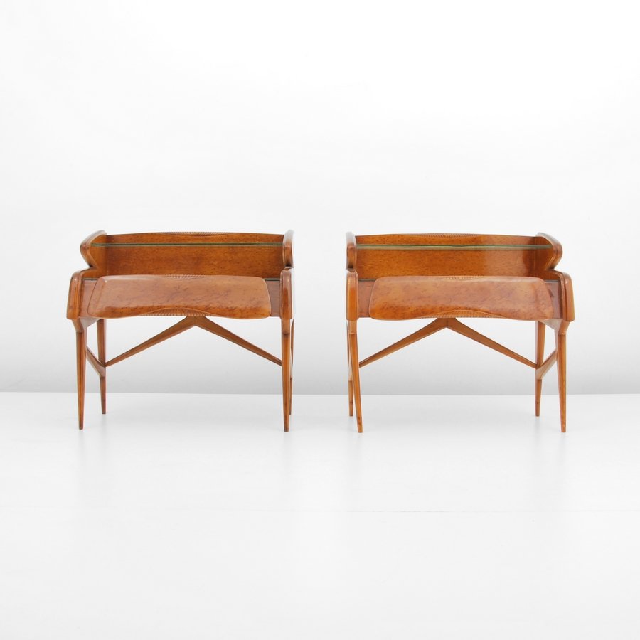 Pair of Paolo Buffa Nightstand/End Tables: Designer & Manufacturer: Paolo Buffa Markings: marked Country of Origin & Materials: Italy; fruitwood, glass, mirror Additional Information & Circa: Pair of nightstands/end/side tables by Paolo Buffa.