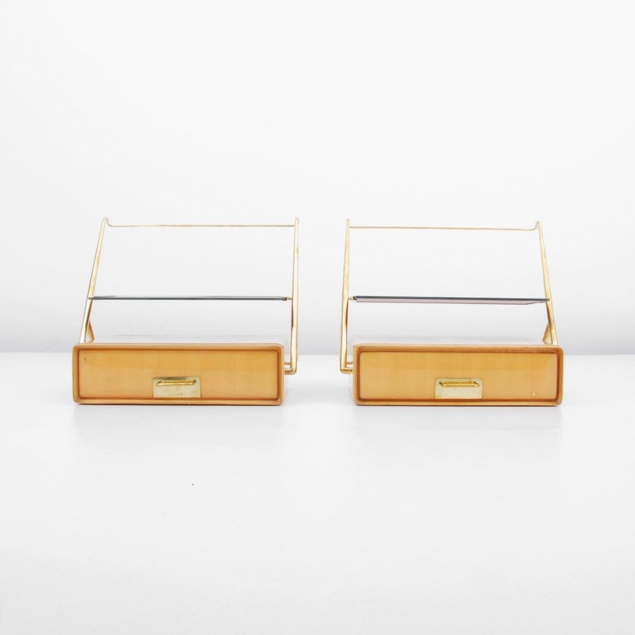 Pair of Silvio Cavatorta Nightstands: Designer & Manufacturer: Silvio Cavatorta Markings: none Country of Origin & Materials: Italy; brass, glass, wood Additional Information & Circa: Fine pair of end tables/nightstands with glass shelf a