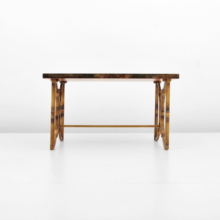 Aldo Tura Side Table: Designer & Manufacturer: Aldo Tura Markings: none Country of Origin & Materials: Italy; metal, goatskin Additional Information & Circa: Lacquered goatskin side/end table by Aldo Tura. (Key Word Search