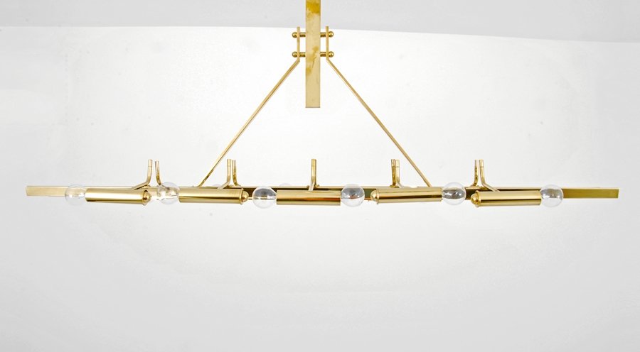 Chandelier, Attributed to Oscar Torlasco: Designer & Manufacturer: Oscar Torlasco, Attributed Markings: none Country of Origin & Materials: Italy; brass, glass Additional Information & Circa: Twenty-light chandelier with ceiling cap attribute