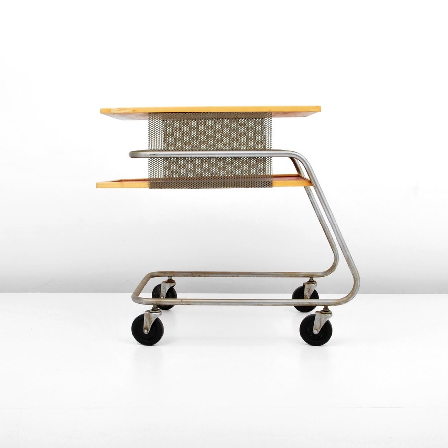 Franziska & James Hosken Bar Cart: Designer & Manufacturer: Franziska & James Hosken; Hosken Inc. Markings: none Country of Origin & Materials: Austria; melamine, metal Additional Information & Circa: Perforated bar cart with removable