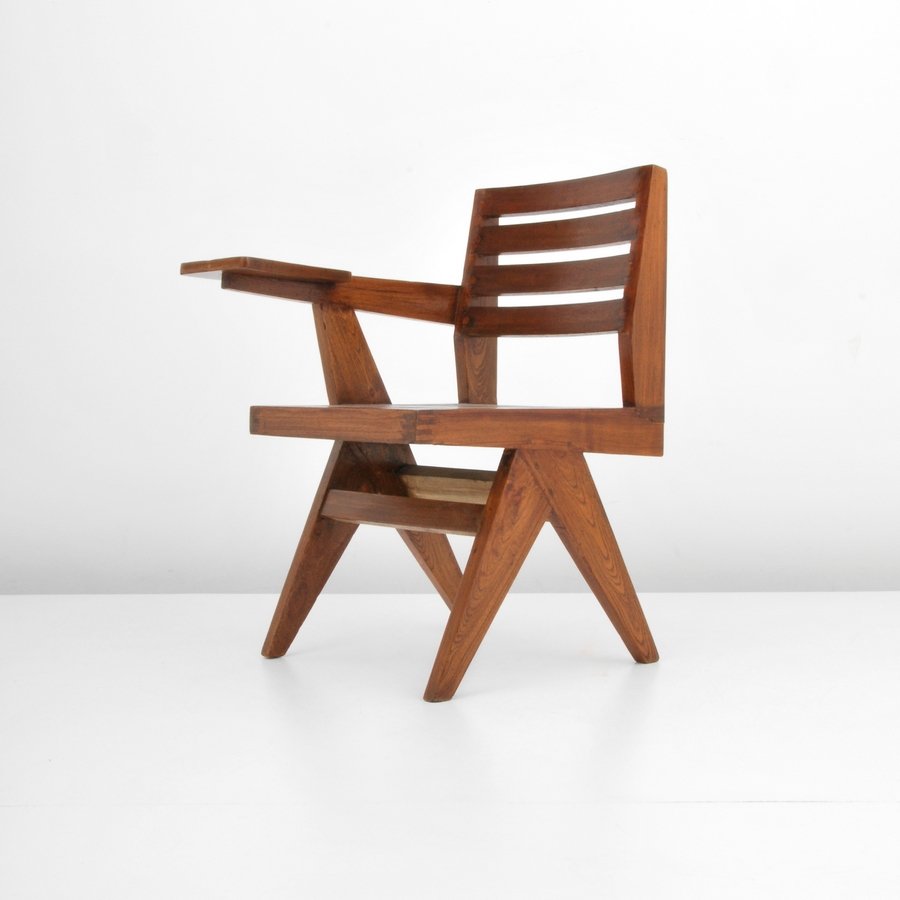 Pierre Jeanneret "Writing Chair": Designer & Manufacturer: Pierre Jeanneret Markings: marked Country of Origin & Materials: France/India; wood Additional Information & Circa: "Writing Chair (Chaise Ecritoire)" arm chair, model PJ-SI-2