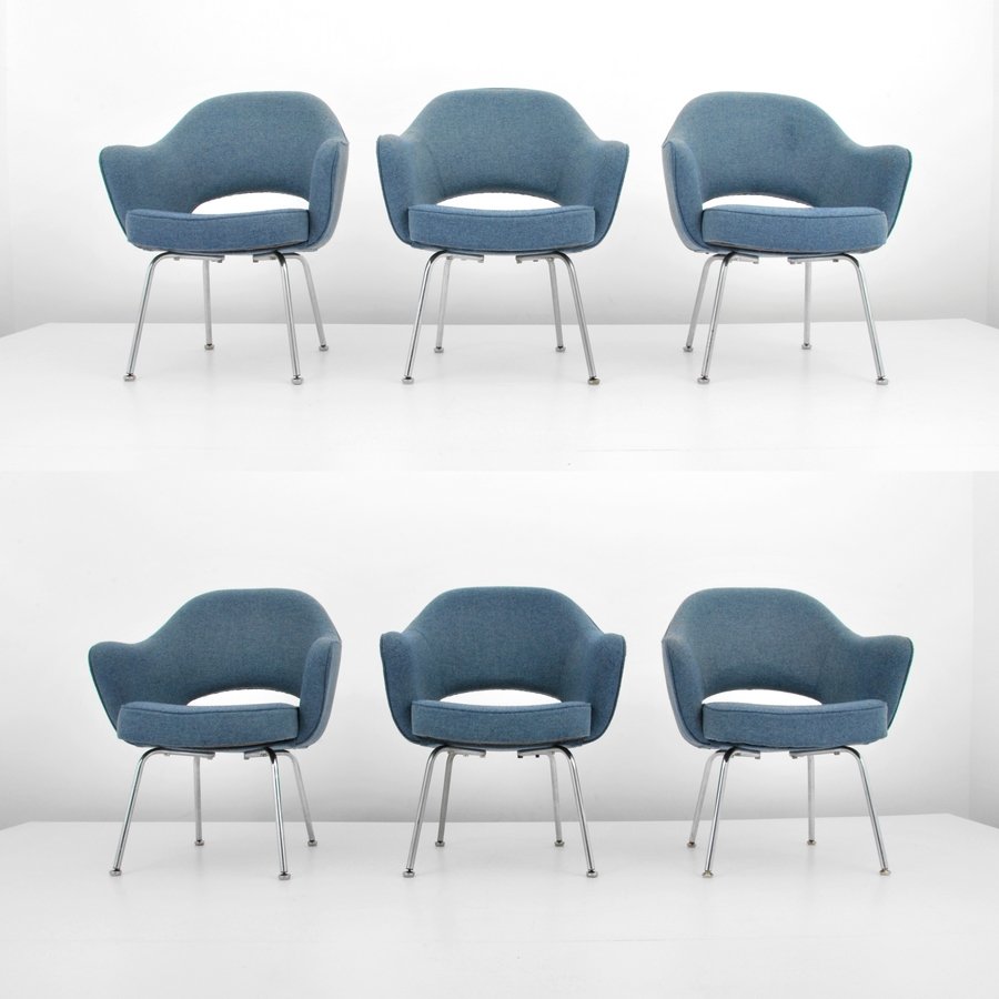 Eero Saarinen Chairs, Set of 6: Designer & Manufacturer: Eero Saarinen; Knoll International Markings: none Country of Origin & Materials: USA; chromed metal, upholstery Additional Information & Circa: Set of six dining/office chairs