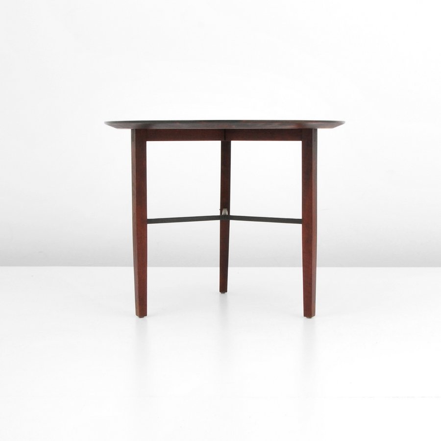 Lewis Butler End Table: Designer & Manufacturer: Lewis Butler Markings: marked Country of Origin & Materials: USA; wood Additional Information & Circa: Three legged side/end table by Lewis Butler. (Key Word Search: Baker, Ed
