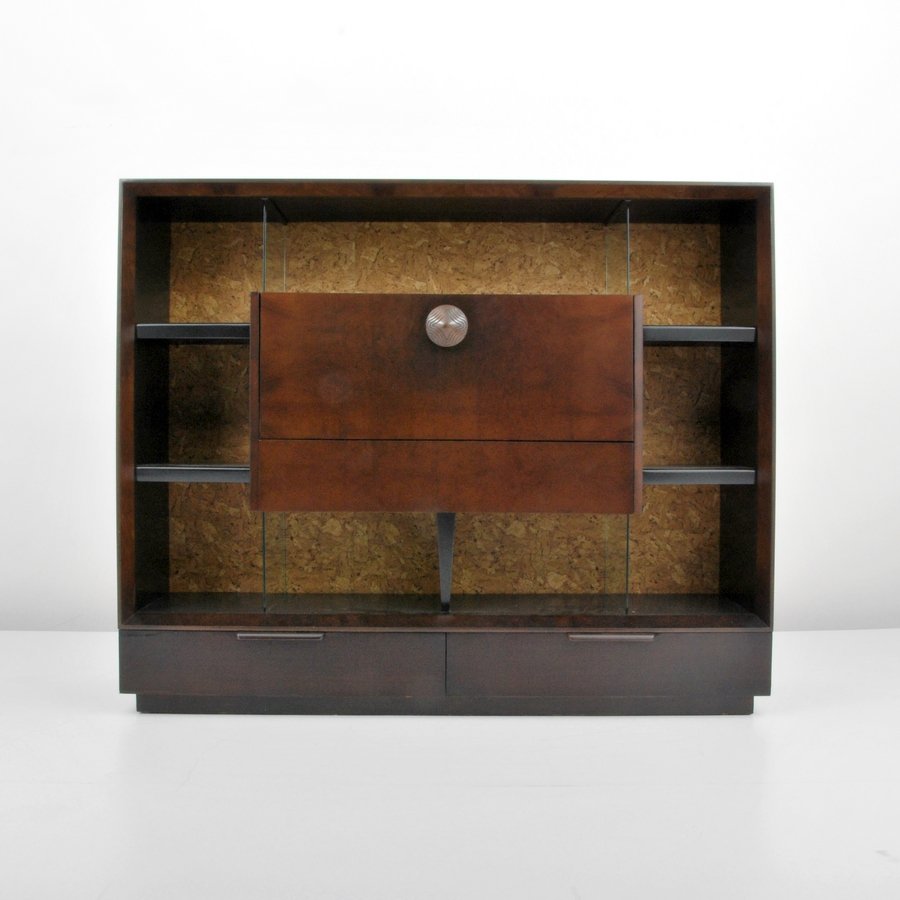 Gilbert Rohde Bookcase/Cabinet: Designer & Manufacturer: Gilbert Rohde; Herman Miller Markings: none Country of Origin & Materials: USA; wood, mirror Additional Information & Circa: Large bookcase/cabinet/bar with three drawers, she
