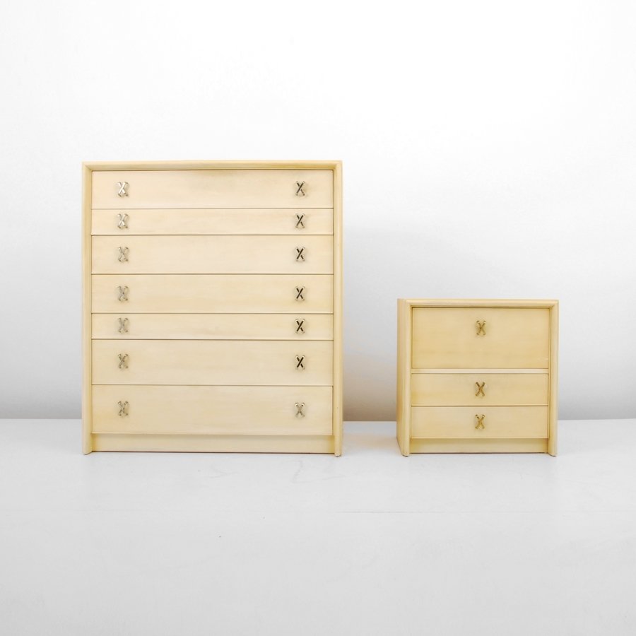 Paul Frankl Chest & Nightstand: Designer & Manufacturer: Paul Frankl; Johnson Furniture Co. Markings: marked Country of Origin & Materials: USA; wood, metal Additional Information & Circa: Chest with seven drawers along with a night