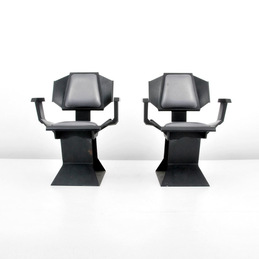 Pair of Chairs, Manner of Frank Lloyd Wright: Designer & Manufacturer: Frank Lloyd Wright, Manner of Markings: none Country of Origin & Materials: unknown; metal, leather, other Additional Information & Circa: Pair of arm chairs in the manner of