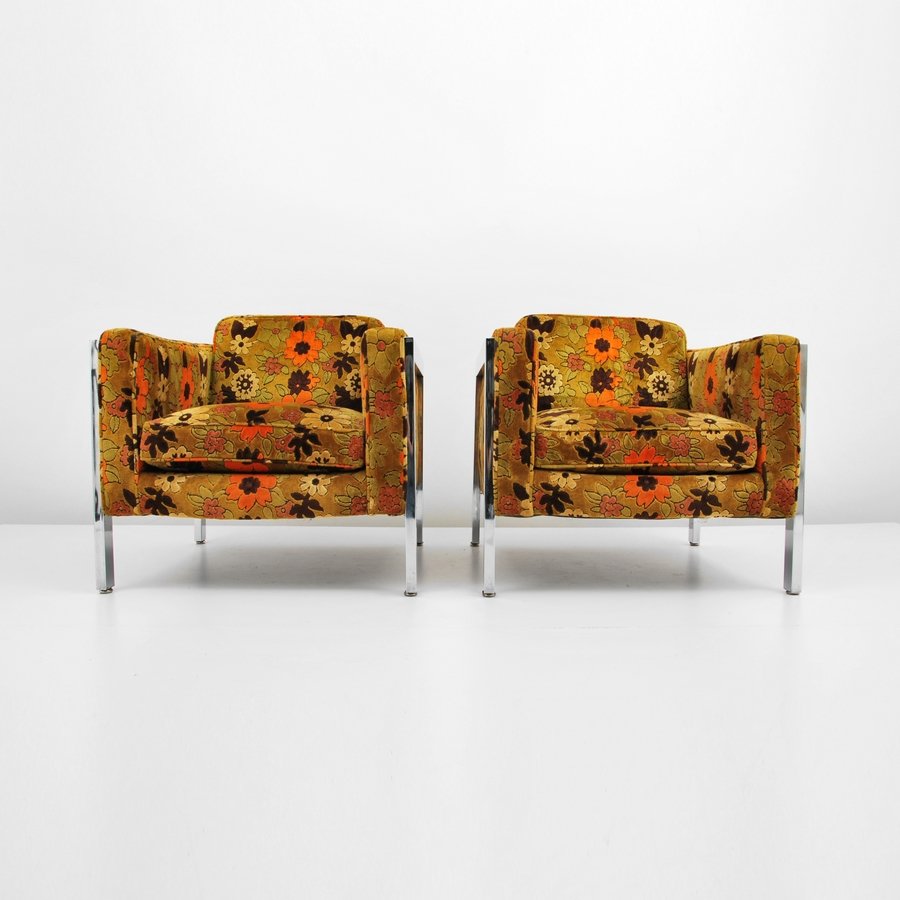 Pair of Lounge Chairs, Attributed to Milo Baughman: Designer & Manufacturer: Milo Baughman, Attributed; Thayer Coggin Markings: none Country of Origin & Materials: USA; chromed metal, upholstery Additional Information & Circa: Pair of lounge chairs att
