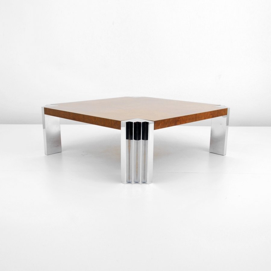 Milo Baughman Cocktail Table: Designer & Manufacturer: Milo Baughman; Thayer Coggin Markings: none Country of Origin & Materials: USA; burl wood, chromed metal Additional Information & Circa: Burl wood cocktail table by Milo Baugh