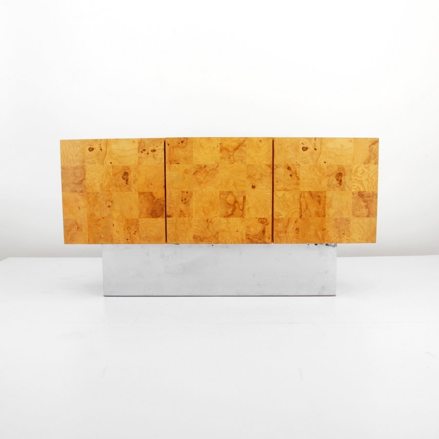 Milo Baughman Cabinet: Designer & Manufacturer: Milo Baughman; Thayer Coggin Markings: none Country of Origin & Materials: USA; burl wood, chromed metal Additional Information & Circa: Cabinet with one door revealing four p