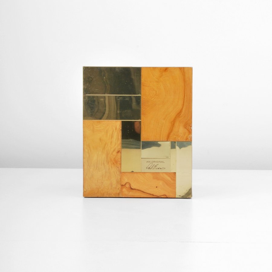 Paul Evans "Cityscape" Cube Table: Designer & Manufacturer: Paul Evans; Directional Markings: marked Country of Origin & Materials: USA; burl wood, brass Additional Information & Circa: "Cityscape" cube end/side table of patchwork burl