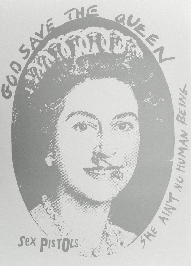 Jamie Reid "God Save the Queen" Print: Designer & Manufacturer: Jamie Reid Markings: none Country of Origin & Materials: British; silk-screen print Additional Information & Circa: "God Save The Queen" silk-screen print by Jamie Reid (b. 19