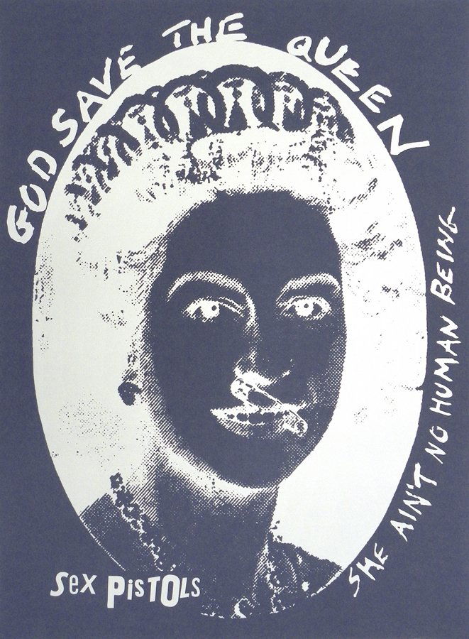 Jamie Reid "God Save the Queen" Print: Designer & Manufacturer: Jamie Reid Markings: none Country of Origin & Materials: British; silk-screen print Additional Information & Circa: "God Save The Queen" silk-screen print by Jamie Reid (b. 19