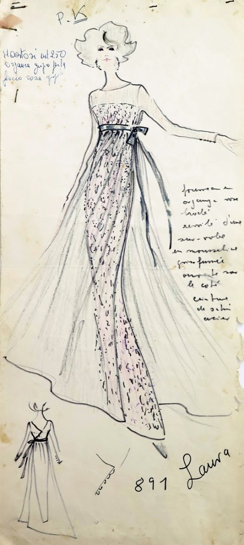 Original Fashion Drawing; Tiziani + Lagerfeld + Liz: Country of Origin & Materials: card stock Additional Information & Circa: Original fashion design sketch from storage box labeled "Karl Lagerfeld"; Tiziani Archives. Estate of Tiziani | Estate of Raf 
