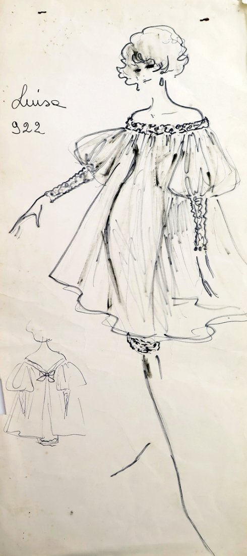 Original Fashion Drawing; Tiziani + Lagerfeld + Liz: Country of Origin & Materials: card stock Additional Information & Circa: Original fashion design sketch from storage box labeled "Karl Lagerfeld"; Tiziani Archives. Estate of Tiziani | Estate of Raf 