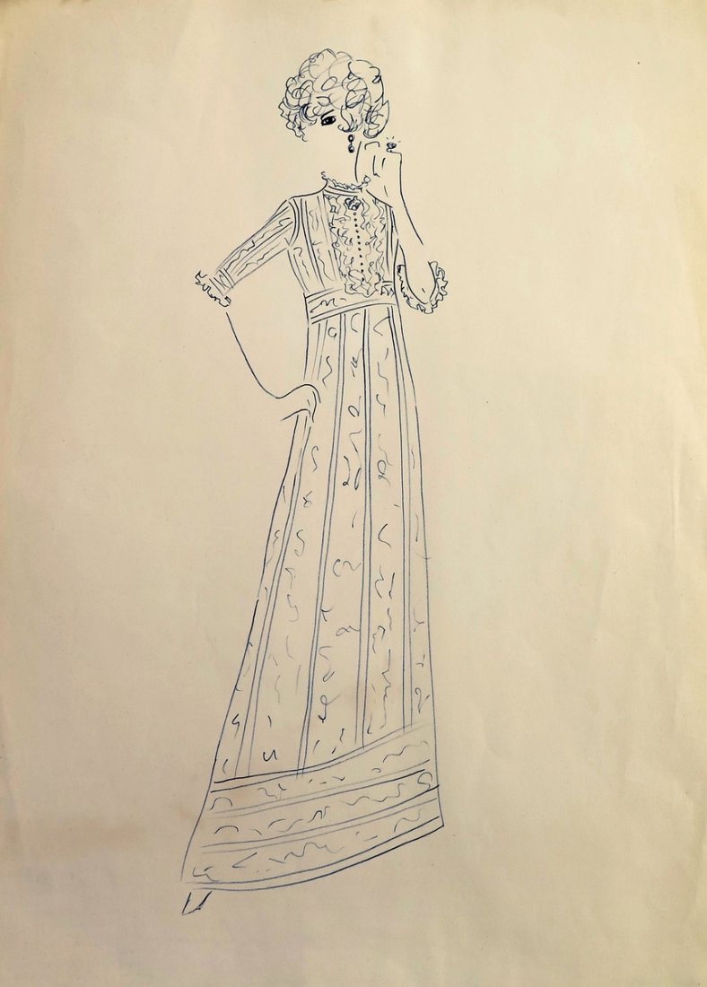 Original Fashion Drawing; Tiziani + Lagerfeld + Liz: Country of Origin & Materials: paper Additional Information & Circa: Original fashion design sketch from storage box labeled "Karl Lagerfeld"; Tiziani Archives. Estate of Tiziani | Estate of Raf Ravai