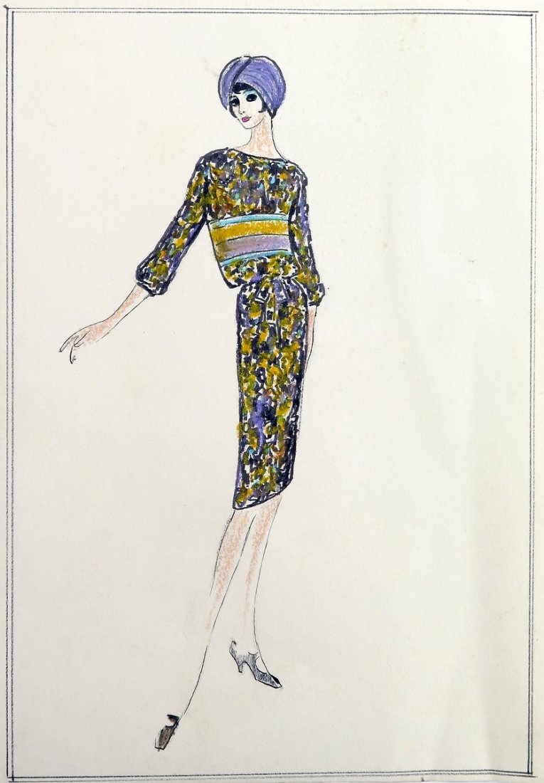 Original Fashion Drawing; Tiziani + Lagerfeld + Liz: Country of Origin & Materials: paper Additional Information & Circa: Original fashion design sketch, from storage box labeled "Karl Lagerfeld"; Tiziani Archives. Estate of Tiziani | Estate of Raf Rava