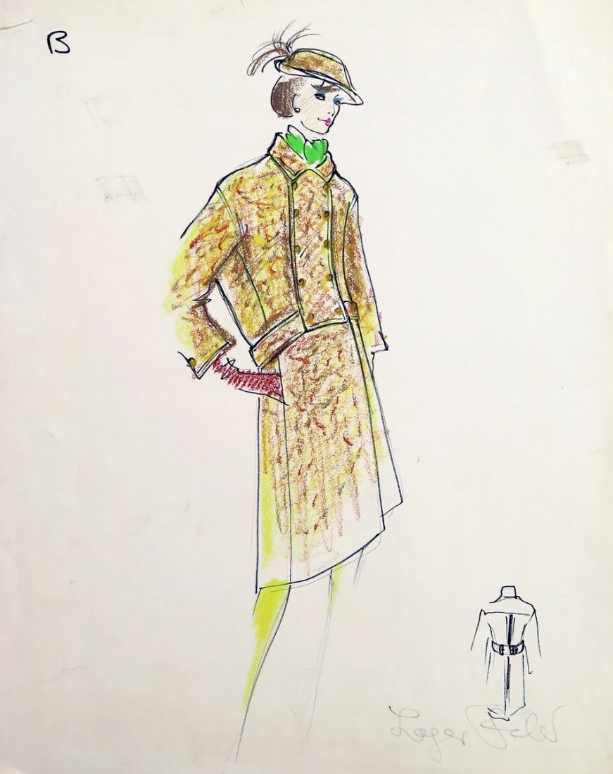 Original Fashion Drawing; Tiziani + Lagerfeld + Liz: Markings: signed by Karl Lagerfeld Country of Origin & Materials: paper Additional Information & Circa: Large original fashion design sketch, signed by Karl Lagerfeld, from storage box labeled "Karl L