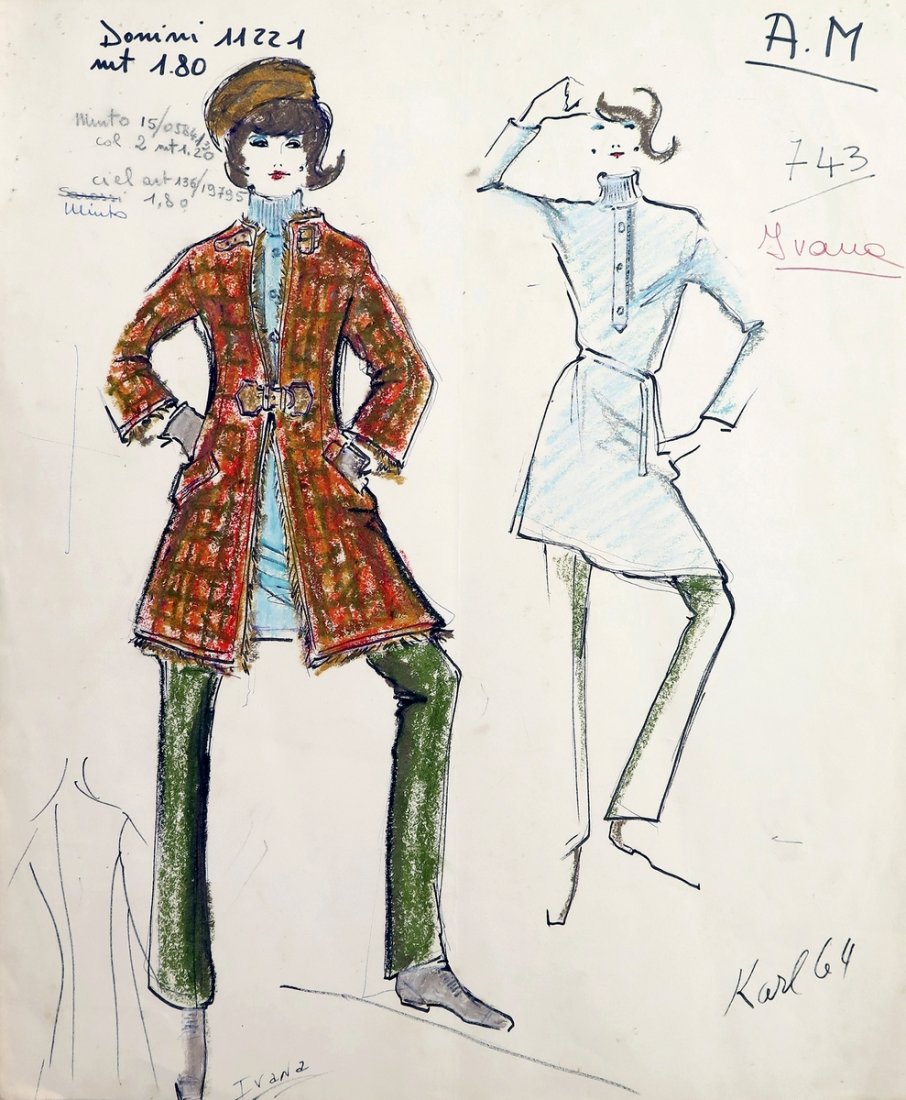 Original Fashion Drawing; Tiziani + Lagerfeld + Liz: Markings: signed by Karl Lagerfeld; dated 1964 Country of Origin & Materials: paper Additional Information & Circa: Large original fashion design sketch, signed by Karl Lagerfeld, from storage box lab
