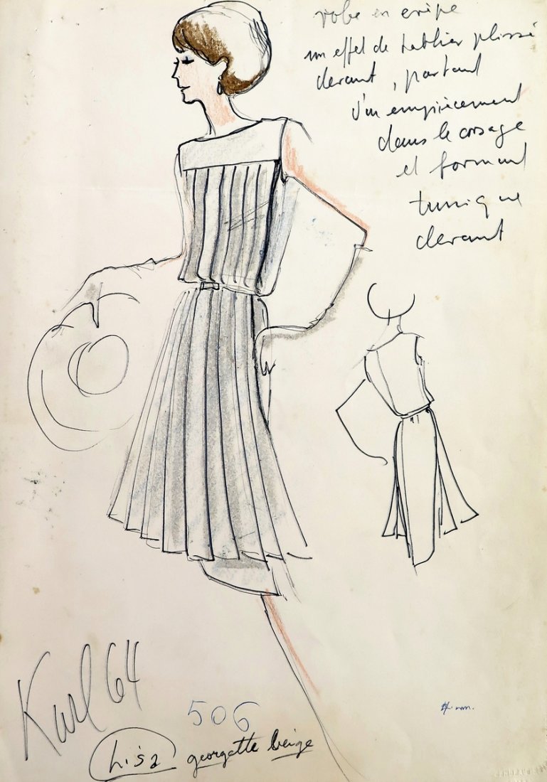 Original Fashion Drawing; Tiziani + Lagerfeld + Liz: Markings: signed by Karl Lagerfeld; dated 1964 Country of Origin & Materials: paper Additional Information & Circa: Original fashion design sketch, signed by Karl Lagerfeld, from storage box labeled "