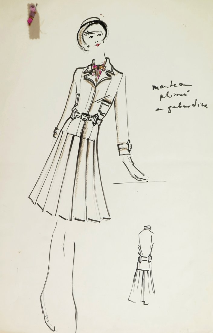 Original Fashion Drawing; Tiziani + Lagerfeld + Liz: Country of Origin & Materials: paper, fabric sample Additional Information & Circa: Original fashion design sketch, from storage box labeled "Karl Lagerfeld"; Tiziani Archives. Estate of Tiziani | Est