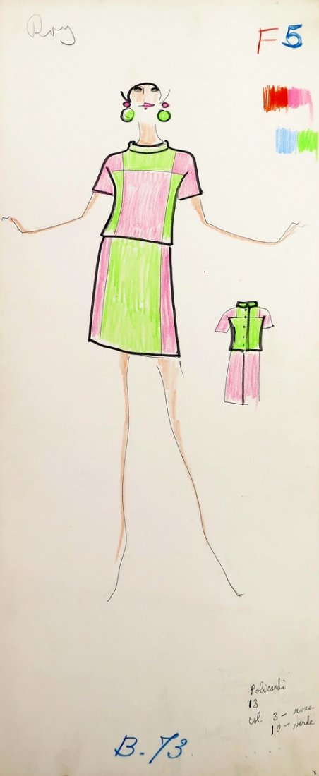 Original Fashion Drawing; Tiziani + Lagerfeld + Liz: Country of Origin & Materials: card stock Additional Information & Circa: Original fashion design sketch from storage box labeled "Karl Lagerfeld"; Tiziani Archives. Estate of Tiziani | Estate of Raf 