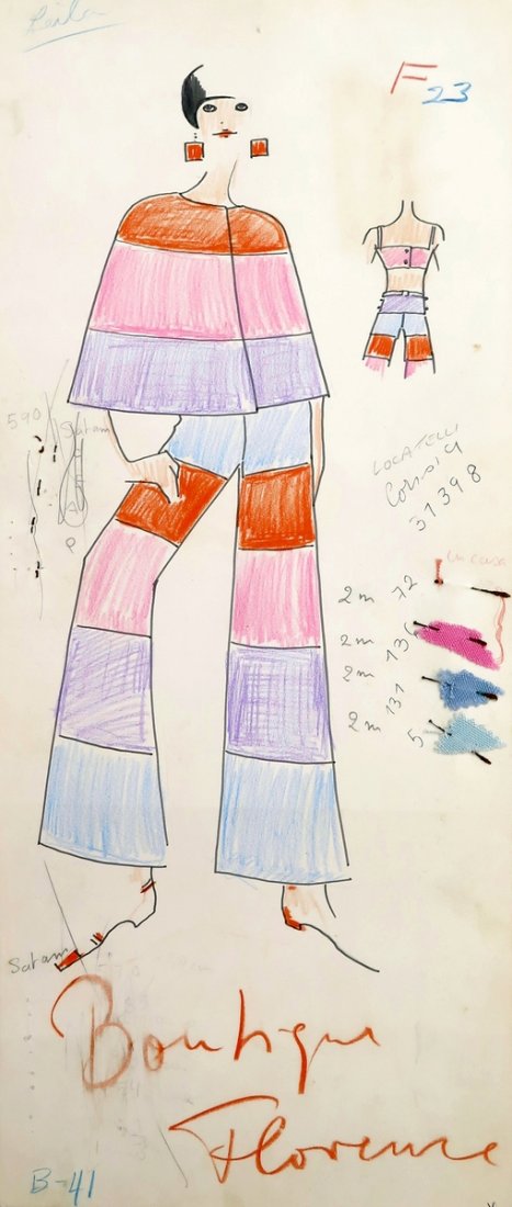 Original Fashion Drawing; Tiziani + Lagerfeld + Liz: Country of Origin & Materials: card stock Additional Information & Circa: Original fashion design sketch from storage box labeled "Karl Lagerfeld"; Tiziani Archives. Estate of Tiziani | Estate of Raf 