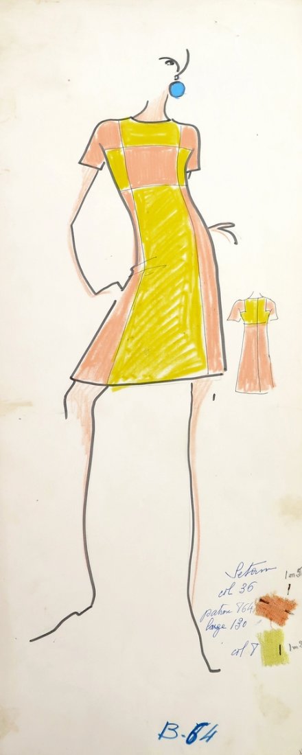 Original Fashion Drawing; Tiziani + Lagerfeld + Liz: Country of Origin & Materials: card stock, fabric sample Additional Information & Circa: Original fashion design sketch from storage box labeled "Karl Lagerfeld"; Tiziani Archives. Estate of Tiziani |