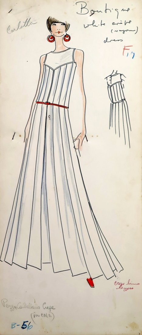 Original Fashion Drawing; Tiziani + Lagerfeld + Liz: Country of Origin & Materials: card stock Additional Information & Circa: Original fashion design sketch from storage box labeled "Karl Lagerfeld"; Tiziani Archives. Estate of Tiziani | Estate of Raf 