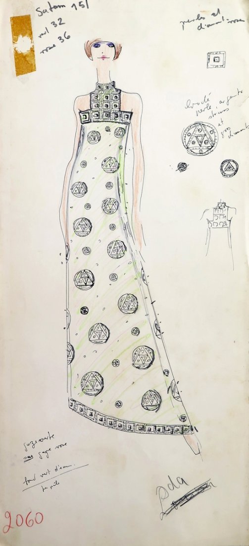 Original Fashion Drawing; Tiziani + Lagerfeld + Liz: Country of Origin & Materials: card stock Additional Information & Circa: Original fashion design sketch from storage box labeled "Karl Lagerfeld"; Tiziani Archives. Estate of Tiziani | Estate of Raf 