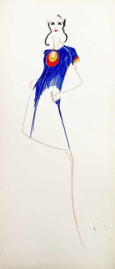 Original Fashion Drawing; Tiziani + Lagerfeld + Liz: Country of Origin & Materials: card stock Additional Information & Circa: Original fashion design sketch from storage box labeled "Karl Lagerfeld"; Tiziani Archives. Estate of Tiziani | Estate of Raf 