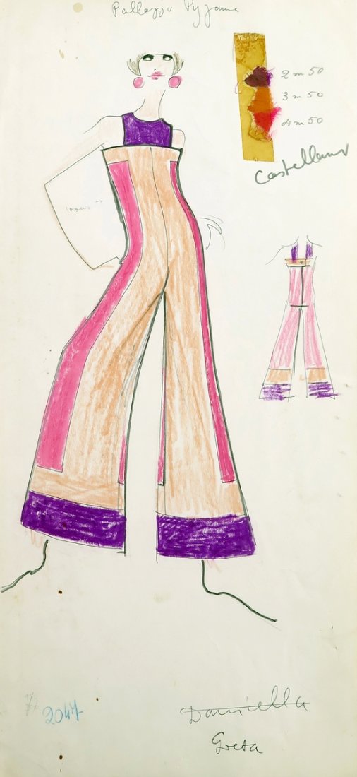 Original Fashion Drawing; Tiziani + Lagerfeld + Liz: Country of Origin & Materials: card stock, fabric sample Additional Information & Circa: Original fashion design sketch from storage box labeled "Karl Lagerfeld"; Tiziani Archives. Estate of Tiziani |