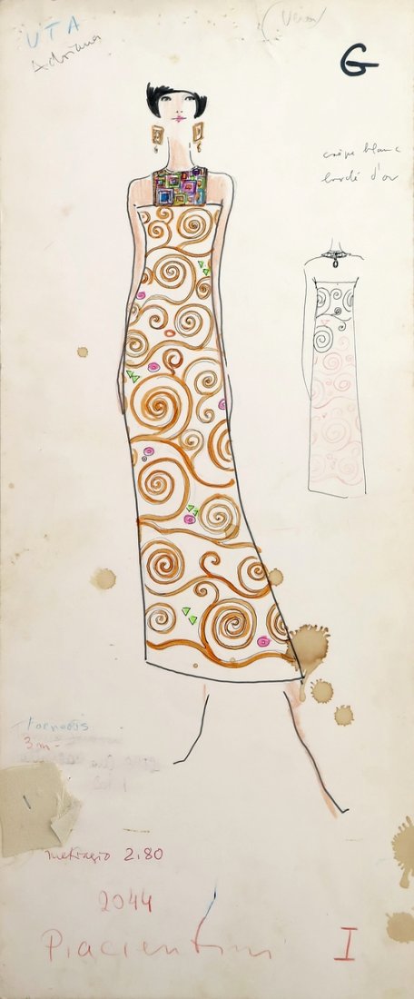 Original Fashion Drawing; Tiziani + Lagerfeld + Liz: Country of Origin & Materials: card stock, fabric sample Additional Information & Circa: Original fashion design sketch from storage box labeled "Karl Lagerfeld"; Tiziani Archives. Estate of Tiziani |