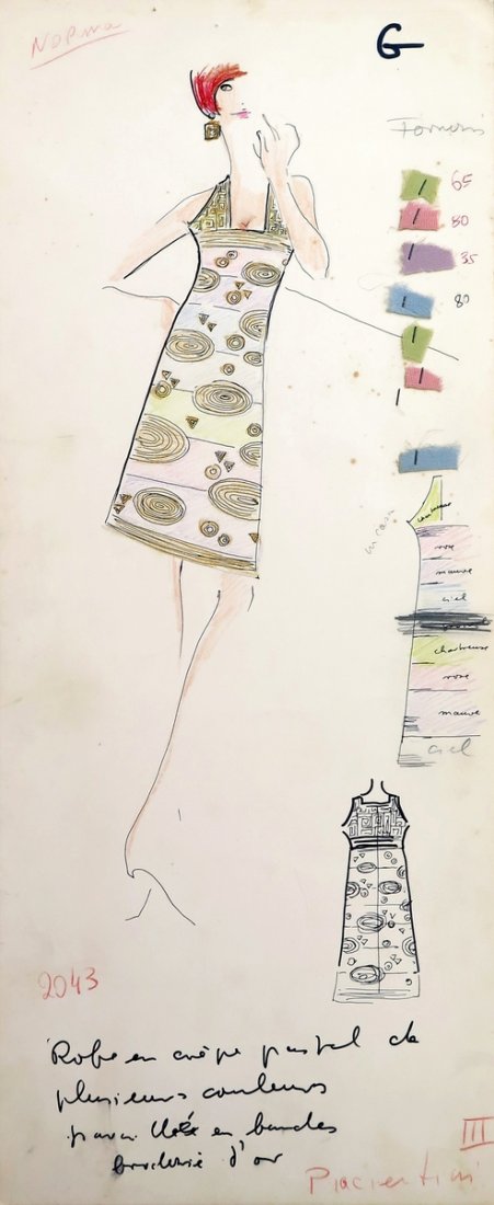 Original Fashion Drawing; Tiziani + Lagerfeld + Liz: Country of Origin & Materials: card stock Additional Information & Circa: Original fashion design sketch from storage box labeled "Karl Lagerfeld"; Tiziani Archives. Estate of Tiziani | Estate of Raf 