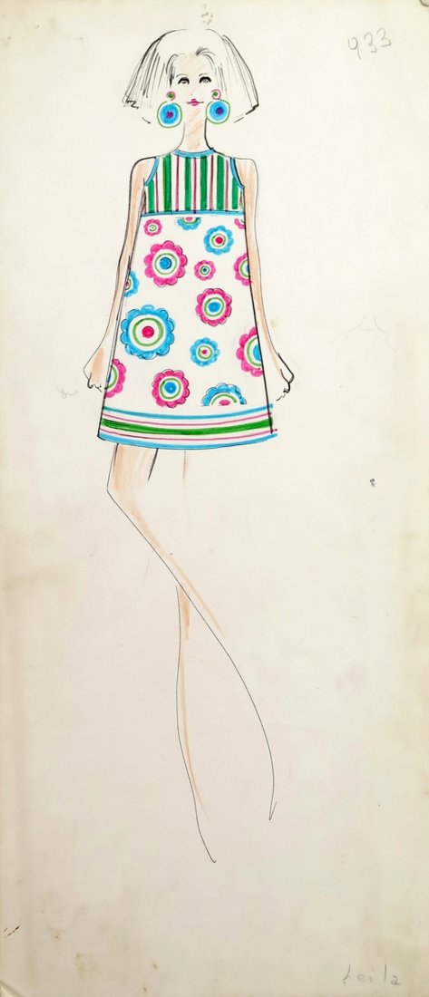 Original Fashion Drawing; Tiziani + Lagerfeld + Liz: Country of Origin & Materials: card stock Additional Information & Circa: Original fashion design sketch from storage box labeled "Karl Lagerfeld"; Tiziani Archives. Estate of Tiziani | Estate of Raf 