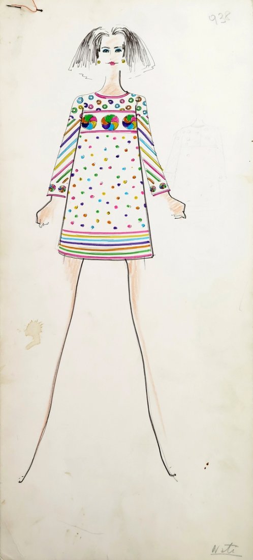 Original Fashion Drawing; Tiziani + Lagerfeld + Liz: Country of Origin & Materials: card stock Additional Information & Circa: Original fashion design sketch from storage box labeled "Karl Lagerfeld"; Tiziani Archives. Estate of Tiziani | Estate of Raf 