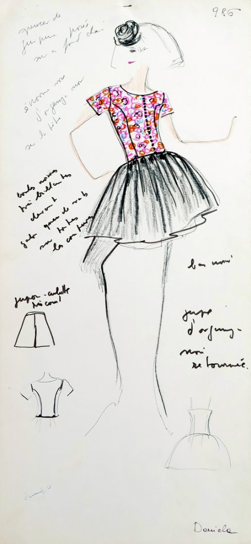 Original Fashion Drawing; Tiziani + Lagerfeld + Liz: Country of Origin & Materials: card stock, fabric sample Additional Information & Circa: Original fashion design sketch from storage box labeled "Karl Lagerfeld"; Tiziani Archives. Estate of Tiziani |