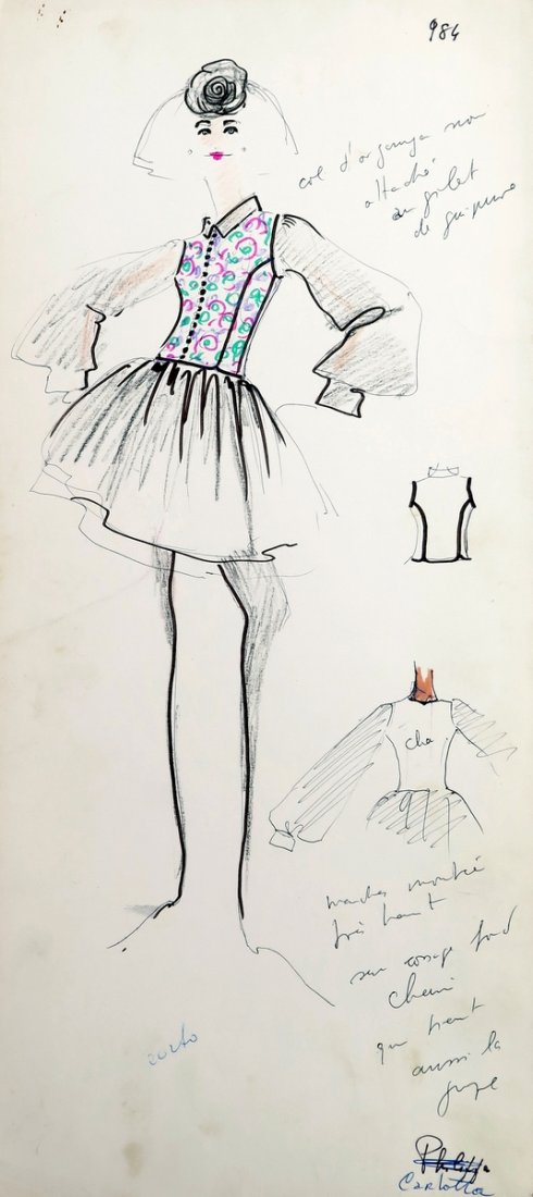 Original Fashion Drawing; Tiziani + Lagerfeld + Liz: Country of Origin & Materials: card stock Additional Information & Circa: Original fashion design sketch from storage box labeled "Karl Lagerfeld"; Tiziani Archives. Estate of Tiziani | Estate of Raf 
