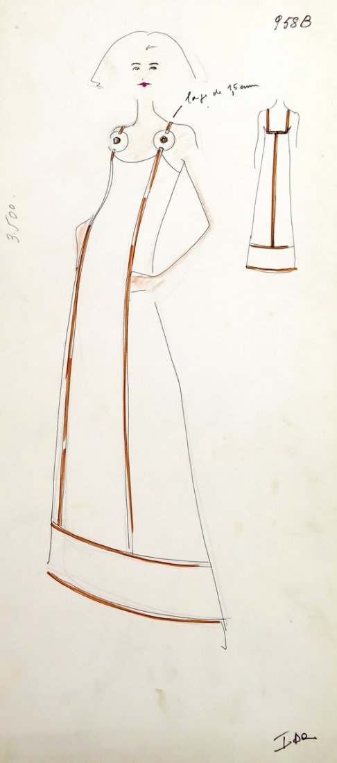 Original Fashion Drawing; Tiziani + Lagerfeld + Liz: Country of Origin & Materials: card stock Additional Information & Circa: Original fashion design sketch from storage box labeled "Karl Lagerfeld"; Tiziani Archives. Estate of Tiziani | Estate of Raf 