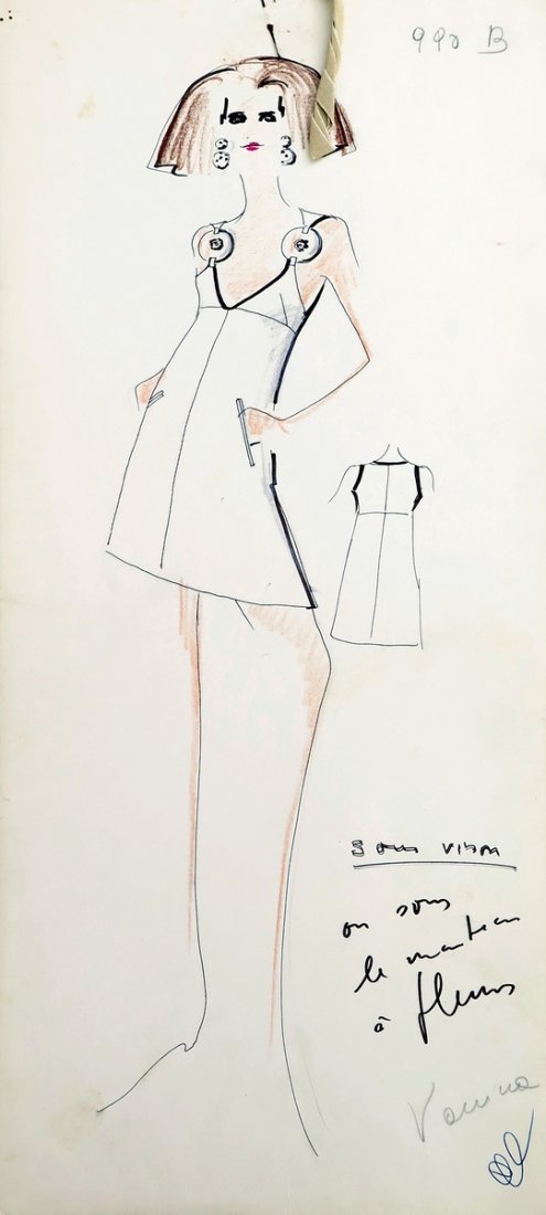Original Fashion Drawing; Tiziani + Lagerfeld + Liz: Country of Origin & Materials: card stock, fabric sample Additional Information & Circa: Original fashion design sketch from storage box labeled "Karl Lagerfeld"; Tiziani Archives. Estate of Tiziani |