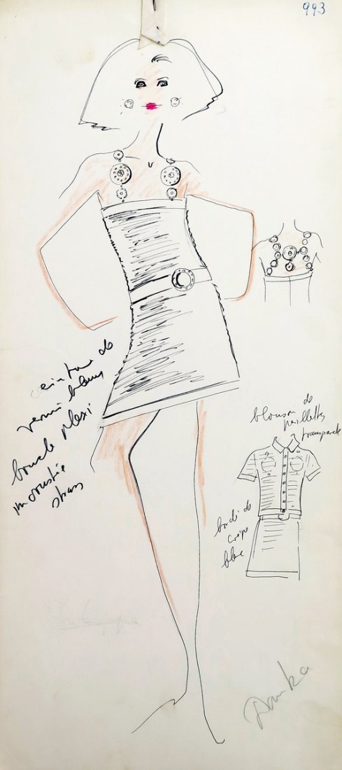 Original Fashion Drawing; Tiziani + Lagerfeld + Liz: Country of Origin & Materials: card stock, fabric sample Additional Information & Circa: Original fashion design sketch from storage box labeled "Karl Lagerfeld"; Tiziani Archives. Estate of Tiziani |