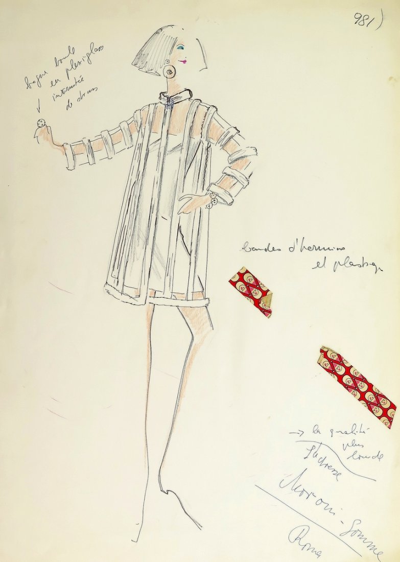 Original Fashion Drawing; Tiziani + Lagerfeld + Liz: Country of Origin & Materials: card stock Additional Information & Circa: Large original fashion design sketch, from storage box labeled "Karl Lagerfeld"; Tiziani Archives. Estate of Tiziani | Estate 