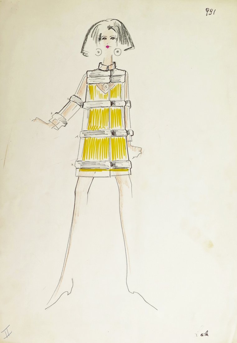 Original Fashion Drawing; Tiziani + Lagerfeld + Liz: Country of Origin & Materials: card stock Additional Information & Circa: Large original fashion design sketch, from storage box labeled "Karl Lagerfeld"; Tiziani Archives. Estate of Tiziani | Estate 