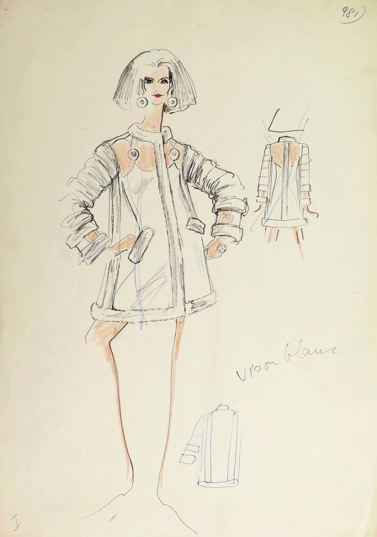 Original Fashion Drawing; Tiziani + Lagerfeld + Liz: Country of Origin & Materials: card stock Additional Information & Circa: Large original fashion design sketch, from storage box labeled "Karl Lagerfeld"; Tiziani Archives. Estate of Tiziani | Estate 
