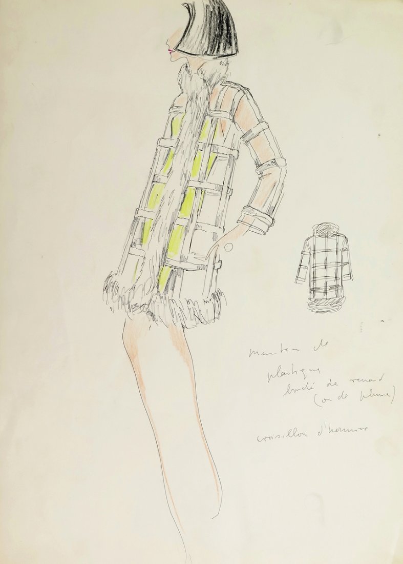 Original Fashion Drawing; Tiziani + Lagerfeld + Liz: Country of Origin & Materials: card stock Additional Information & Circa: Large original fashion design sketch, from storage box labeled "Karl Lagerfeld"; Tiziani Archives. Estate of Tiziani | Estate 